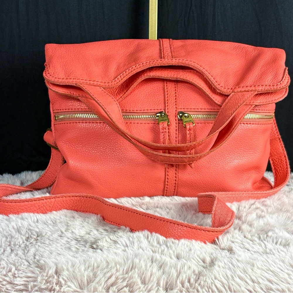 Fossil Erin Foldover Tote Crossbody Bag Coral Orange Pebbled Leather Convertible - Picture 5 of 12